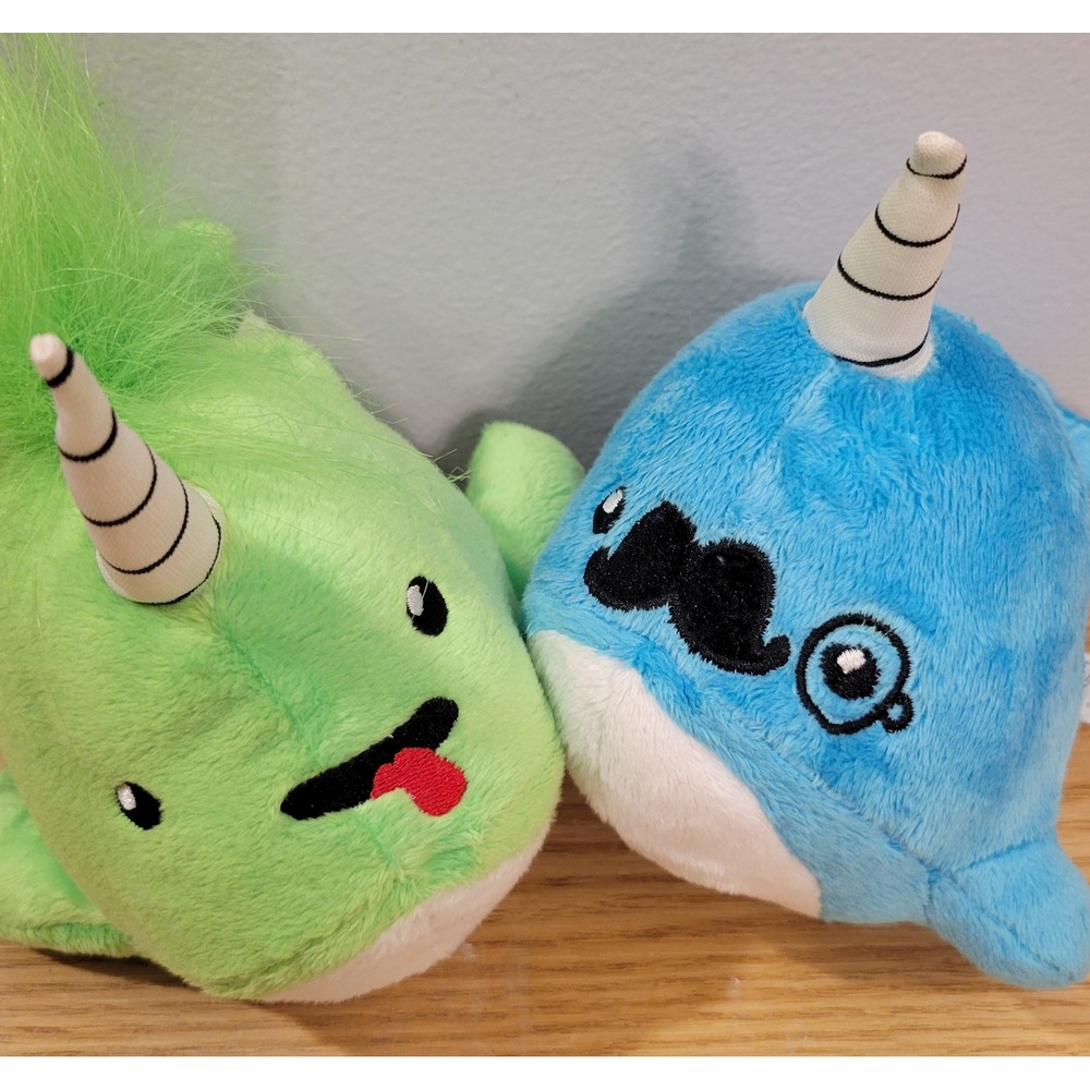 Ideal Toys Direct Plush Narwhal Set Mustache Monocle & Green Tongue 7 Inch 2pc